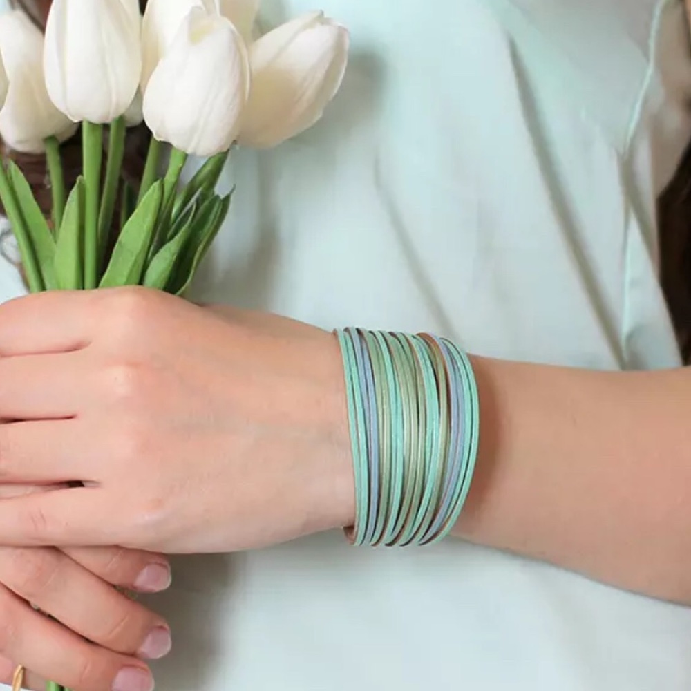 Mint wide wrap around leather bracelet. Handmade